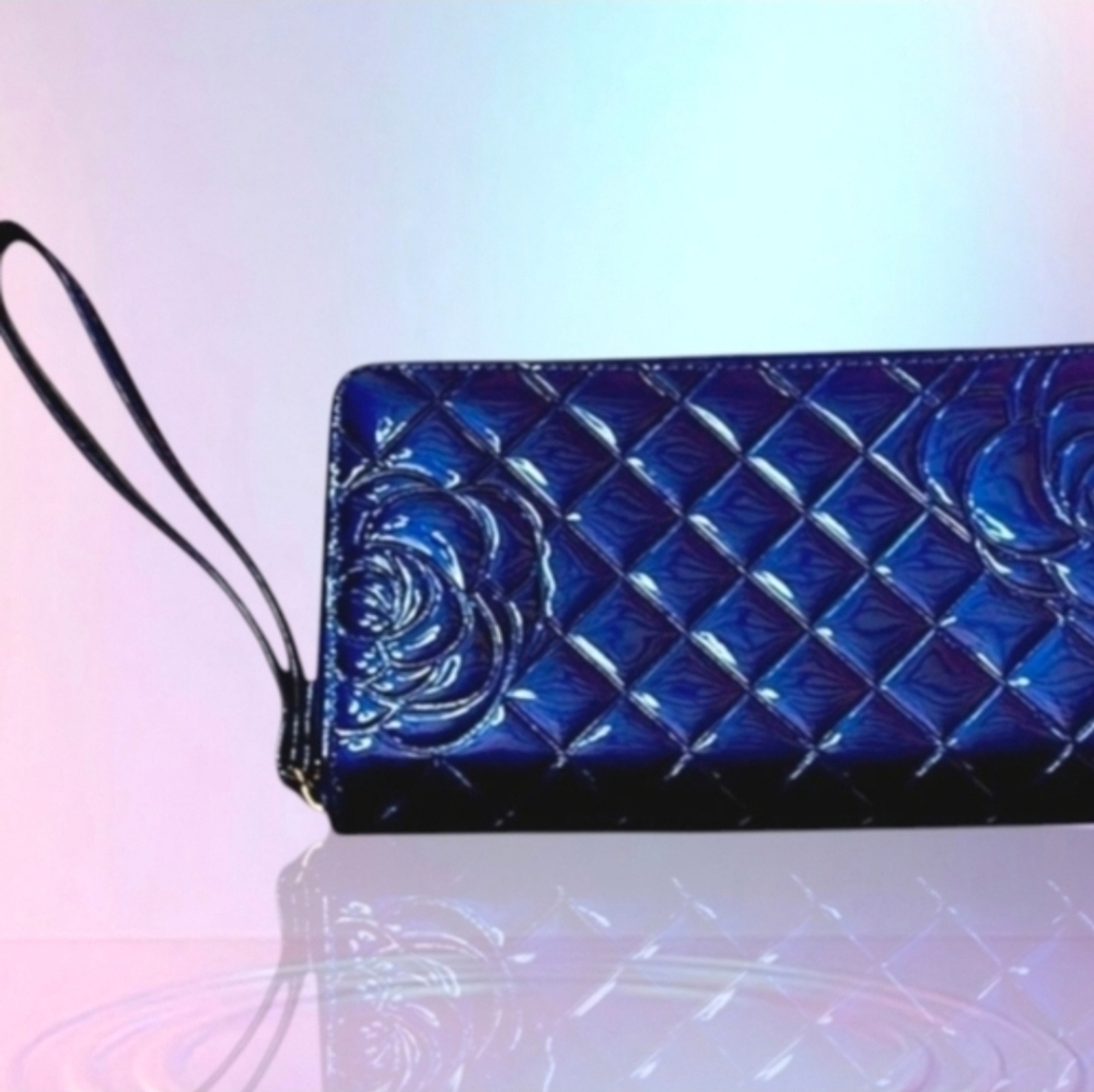Incandescent Blue Acordian Wallet/Wrislet. In Style of CHANEL Camellia Blue Boy